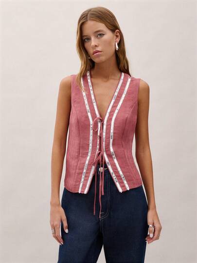 Nöista Women's V-Neck Sequined Tie-Front Casual Versatile Everyday Top