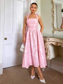 Glamine Charm Spring & Summer Rural Princess Style Satin Jacquard Waist Mesh Skirt Support Halter Neck Womwen Midi Dresses - Pink - View 5