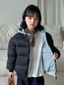 SHEIN 女童双面连帽拼接羽绒服，秋冬必备外套 - 黑色 - 查看 3