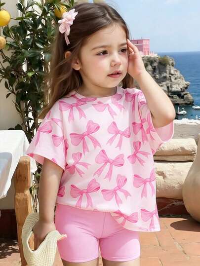 2pcs/Set Girls' Casual Butterfly Print T-Shirt And Bike Shorts Outfit, Comfortable Spring, Summer And Autumn Wear
