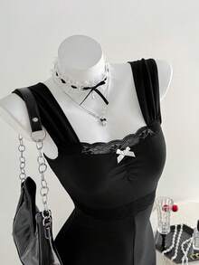 Elamini 春夏新款少女休闲修身收腰性感蕾丝蝴蝶结V领无袖连体裤 - 黑色 - 查看 1