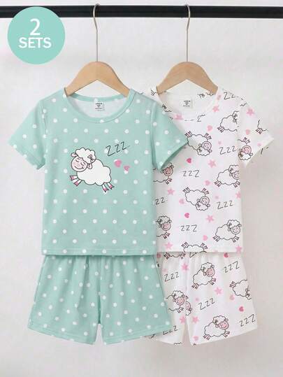 4件套女童可爱绵羊波点印花柔软针织宽松短袖上衣和短裤睡衣套装，浅绿色和白色