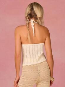 Athîral Women's Casual Vacation Knitted Floral Decor Tank Top - White - View 2