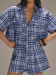 Athîral Women's Casual Denim Plaid Cropped Top And Shorts 2 Pieces Set - Medium Wash - View 5