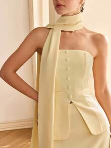 Women's Elegant Tie-Waist Button Bandeau Top And Straight Skirt Suit Set - Light Yellow - View 8