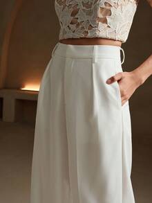 Anewsta Tall 优雅时尚的白色褶裥女士西装裤，带口袋，直筒裤型，适合高挑身材，秋季、冬季、夏季、春季、新年、派对、婚礼等场合穿着，尽显优雅、时尚、别致、商务休闲风。 - 白色 - 查看 3