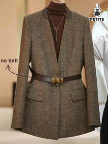 Franclia Petite 一件纯色单排扣优雅假口袋长袖西装外套 - 棕色 - 查看 1