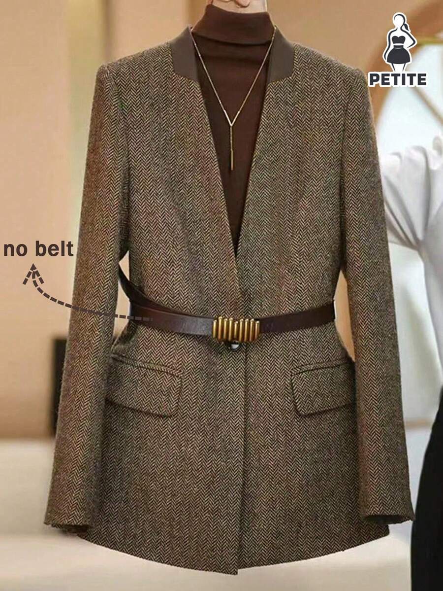 Franclia Petite 一件纯色单排扣优雅假口袋长袖西装外套 - 棕色 - 查看 1