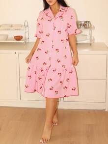 Lowkey Lull Striped Cherry Print Short Sleeve Women Nightgown - Multicolor - View 5