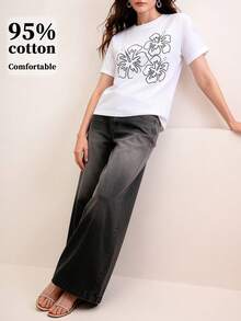 Anewsta Áo thun nữ tay ngắn cổ tròn in họa tiết hoa, kiểu dáng thường ngày, đa năng. - trắng - Xem 5