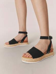 Styleloop Sandalias de plataforma con cuña para mujer, sandalias romanas con tiras cruzadas, sandalias de plataforma con tacón alto y punta abierta con hebilla, zapatos de plataforma de paja para mujer, zapatos bohemios de viaje para mujer, adecuados para la temporada de vacaciones, primavera y verano, ropa de vacaciones, artículo imprescindible para viajar - Negro - Ver 2