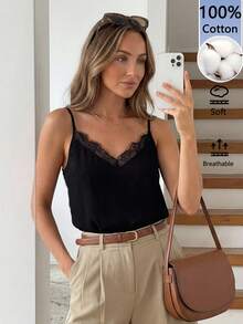 SHEIN LUNE Camiseta de tirantes negra de patchwork de encaje de algodón - Multicolor - Ver 1