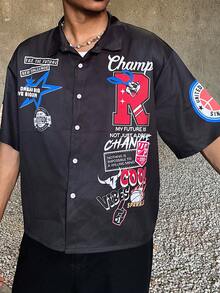 Ngobest Haus Ngobest Haus Men's Casual Slogan Print Short Sleeve Shirt, Summer - Black - View 6