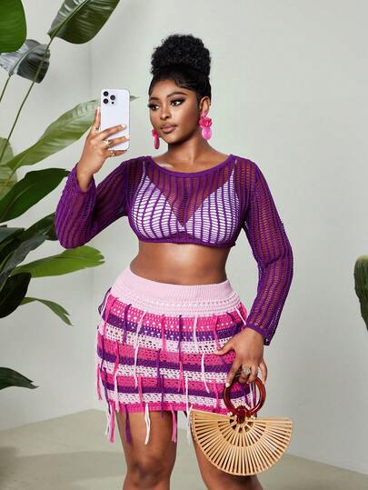 Maweii Plus Size Women's Sweater Set,Multicolored, Rose Red, Purple, Pink, Long-Sleeved Cutout Top + Mini Skirt, Short Top, Cutout, Tassels, Design Sense, Vacation, Slimming And Sexy, Elegant, Seaside, Summer, Spring, Black Spice Girl, Women's Clothing, Women's Vacation Knitted Set