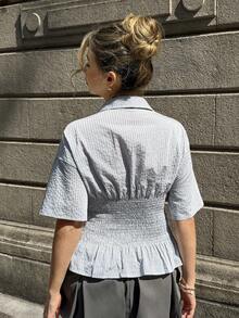 MainGRL Blue & Brown Vertical Striped Fitted Blouse For Women - Blue - View 2