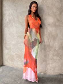 Aloruh Elegant Sexy Pastal Summer Casual Vacation Goddess Halter Backless Deep Draped Neck Floral Mesh Print Bodycon Maxi Dresses For Women Golf - Multicolor - View 5