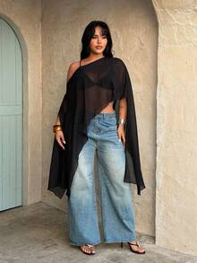 Rustia Áo kiểu nữ cỡ lớn thời trang và thanh lịch màu đen bằng vải chiffon hơi xuyên thấu, vạt áo bất đối xứng, vai bất đối xứng, áo một vai mùa xuân/hè, áo hở vai cỡ lớn, trang phục đi nghỉ mát cho người có thân hình đầy đặn, áo bất đối xứng, áo xuyên thấu cỡ lớn, áo đen xuyên thấu cỡ lớn, áo một vai, áo choàng xuyên thấu cỡ lớn, áo poncho xuyên thấu, bộ đồ denim cho nữ, trang phục 2 mảnh cho nữ có thân hình đầy đặn, quần jeans nữ cỡ lớn, áo poncho xuyên thấu, áo choàng xuyên thấu, trang phục mùa hè cho nữ cỡ lớn. - màu đen - Xem 7