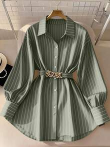 GlowEve CURVE 加大码条纹印花金属腰扣长袖衬衫 - 綠色 - 查看 4