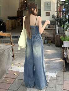 FRIFUL 女士休闲度假通勤渐变水洗宽松阔腿牛仔连体裤，夏季 - 藍色 - 查看 7