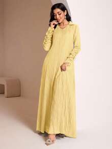 Veilorie Conservative Casual Ruched Sleeve Dress, Women's Arabic Style Long Dress - Yellow - View 7