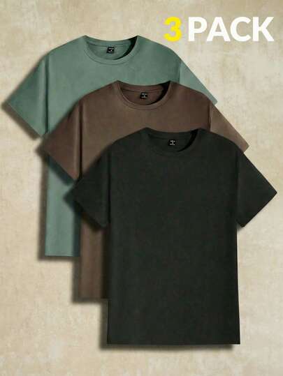 AKNOTIC paquete de 3 camisetas casuales de manga corta de punto holgado de cuello redondo y unicolor para hombres