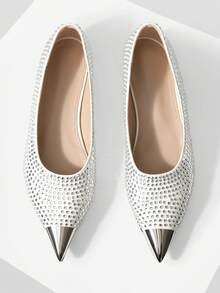 Mnmlis Full Diamond White Flats Metal Pointed Blingbling Rhinestone Elegant Commuter Shoes - White - View 1