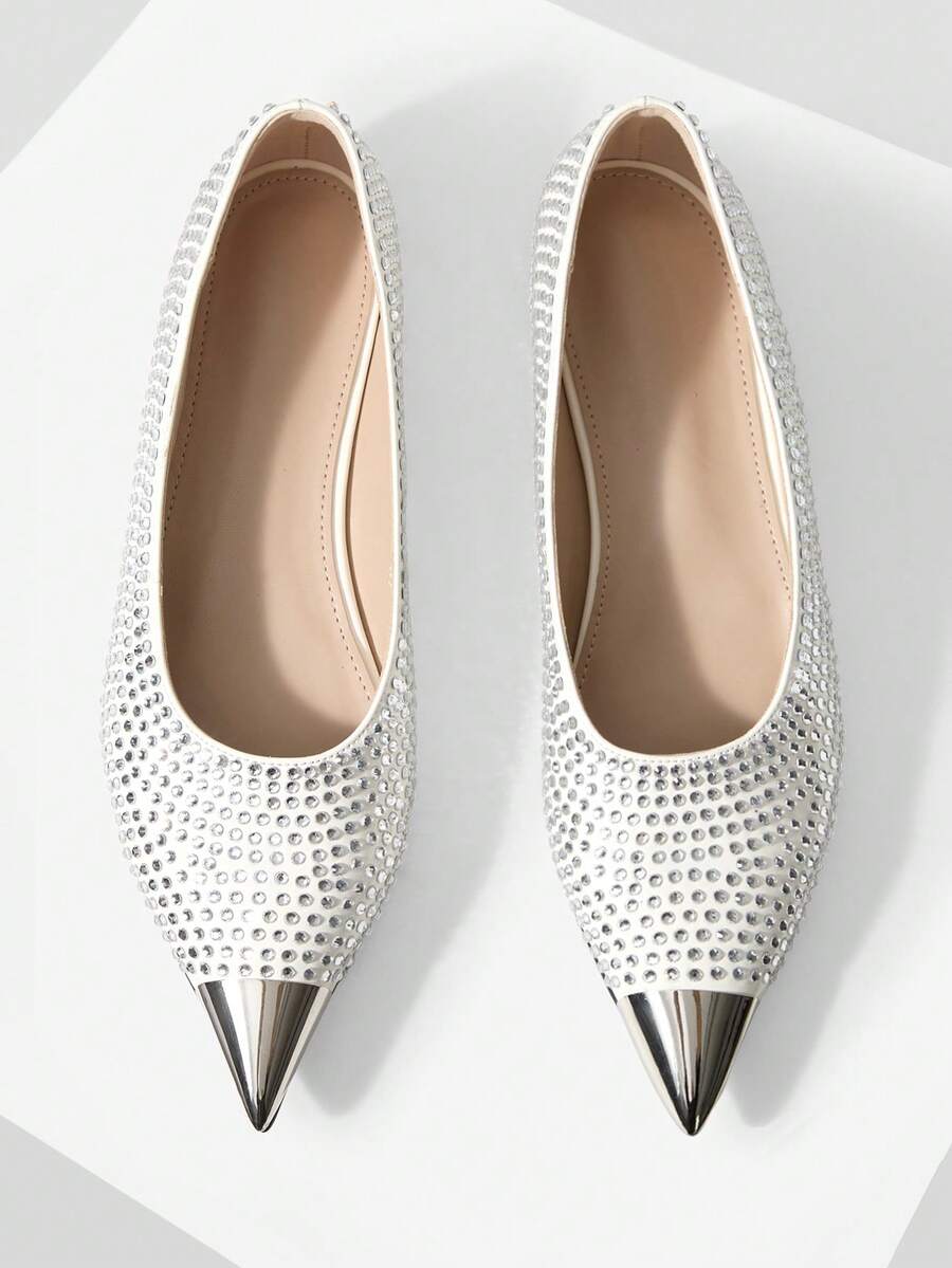 Mnmlis Full Diamond White Flats Metal Pointed Blingbling Rhinestone Elegant Commuter Shoes - White - View 1