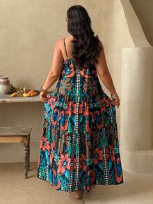 Ceyna Plus Size Vintage Black Floral Print V-Neck Sleeveless Tiered Hem Maxi Dress,Women's Summer Boho Beach Holiday Mexican Style Tropical Resort Wear - Multicolor - View 2