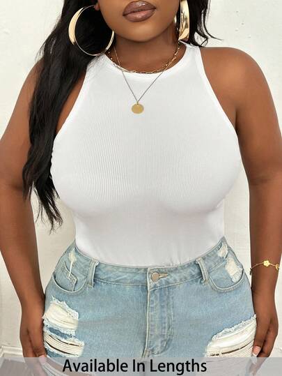 SHEIN PETITE CURVE 大码休闲基础款修身白色圆领背心，夏季，情人节，狂欢节女装，派对，海滩，夏季度假，休闲