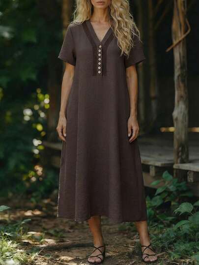 Linavere 女士休闲撞色V领短袖连衣裙