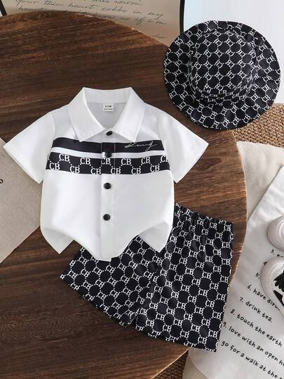 Souflis 3件套男婴编织帽、撞色翻领短袖衬衫和松紧腰字母印花卡其色短裤套装，适合夏季郊游、上学、休闲、度假、运动、聚会、春夏穿着，尺码6个月至3岁，童装，幼儿服装，婴儿帽，幼儿衬衫，婴儿上衣，幼儿短裤