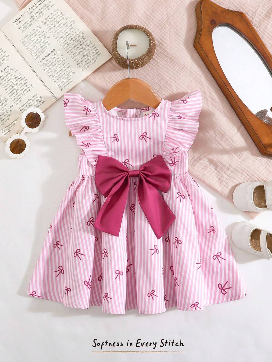 Cozy Pixies Baby Girl Colorblock Bow Decor Round Neck Sleeveless Cinched Waist Dress, Versatile & Comfortable - Blue - View 1