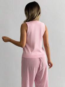 SHEIN Ärmlös stickad tröja väst kofta med broderi - Rosa - Visa 2