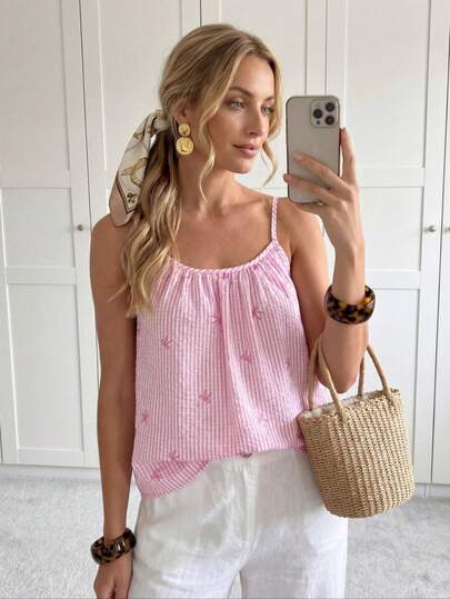 Easowa Women Casual Striped Bow Print Camisole Top,Casual