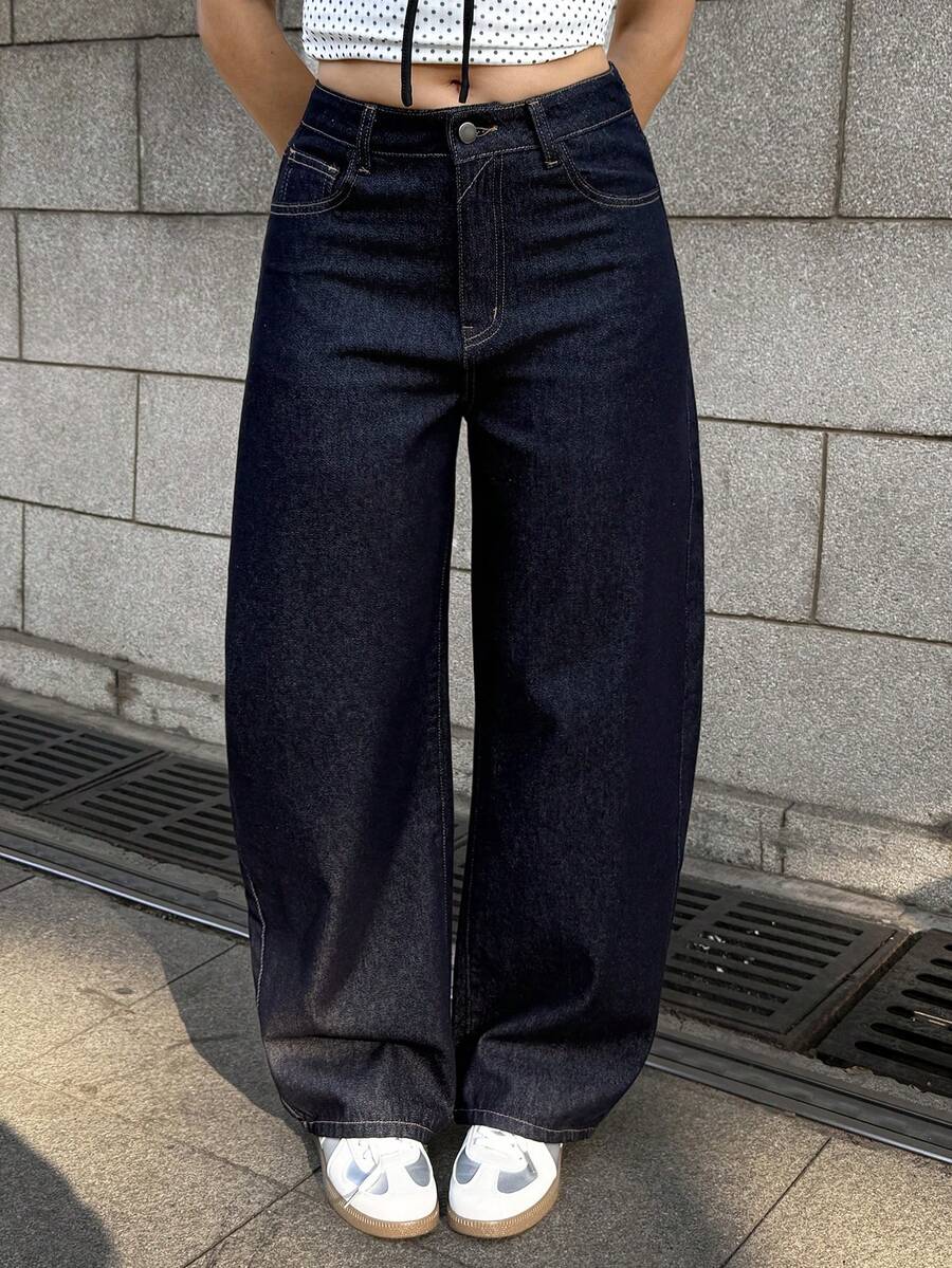 MainGRL 女士休闲日常口袋纽扣牛仔裤 - 藏蓝色 - 查看 1