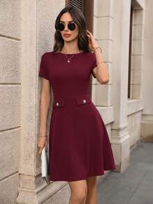 EMERY ROSE Đầm ngắn nữ thanh lịch màu trơn, thắt eo, thích hợp cho mùa hè. - Đỏ - Xem 6