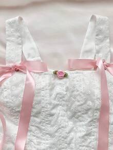 Comfortcana 女士优雅蝴蝶结装饰刺绣交叉露背短款背心，夏季 - 白色 - 查看 7