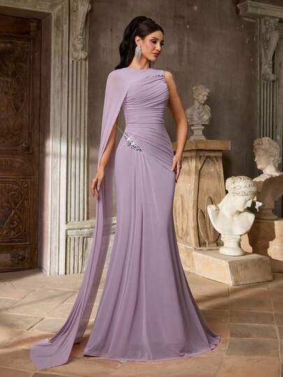 Aureia Elegant, Dignified, Graceful Lotus Purple High-Elastic Mesh Round Neck One Shoulder Super Large Cape Flared Sleeve Waist Pleated Slimming Luxurious 3D Rhinestone Decor Side Drape Fishtail Dress, Suitable For Dates, Vacations, Singles Parties, Weddings, Bridesmaids, Daily Versatile Evening Gowns