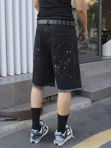 Manfinity EMRG Men's Summer Black Fringe Hem Distressed Loose Denim Shorts - Black - View 2