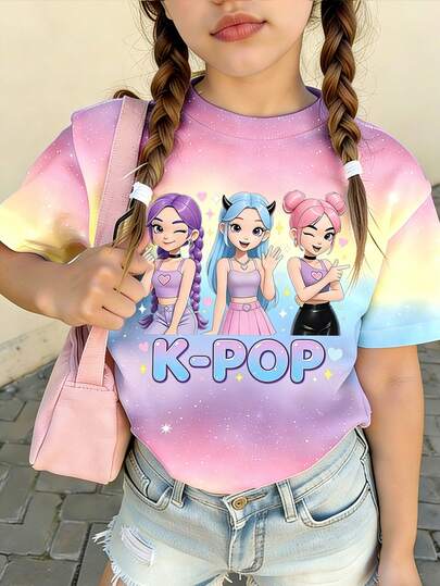 春夏女童休闲时尚创意个性清新可爱简约彩色渐变底色酷炫虚拟女团人物爱心星形字母标语印花休闲基础款短袖T恤，舒适日常穿着，适合春、夏、秋季穿着。