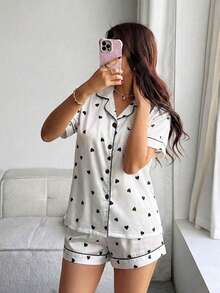 Dream Adore Women's Minimalist Soft Pink & Black Heart Print Short Sleeve Pajama Set With Collar - White - View 4