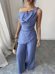 SHEIN Elenzya New Summer Draped Neck Faux Linen Bamboo Knot Denim Blue 2 Pieces Set, Suitable For Travel And Photography, Elegant Deep Sea Blue Asymmetric Shoulder Top + High Waist Casual Pants - Blue - View 5
