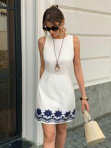 Elyressa 女士撞色滚边蓝色花卉印花圆领无袖露背系带A字度假连衣裙 - 彩色 - 查看 1