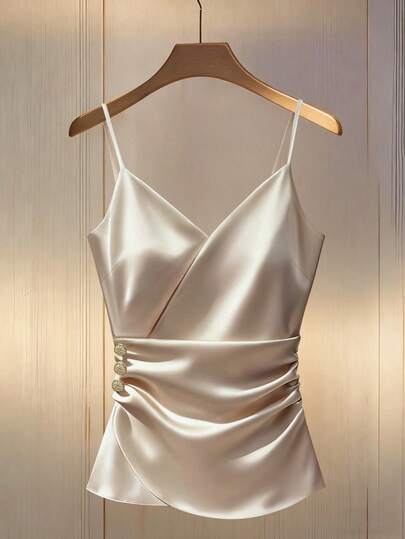 Franclia Sexy Spaghetti Strap Ruffle Trim Metal Buckle Decor Fitted Camisole Satin Top Silk Top Elegant Camisole Champagne Cami Formal Top Champagne Top Satin Blouse Elegant Top