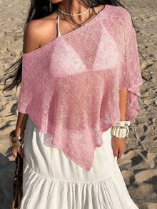 Sunnyshic 女士绿色镂空极简薄纱休闲度假风针织罩衫，夏季 - 粉色 - 查看 3