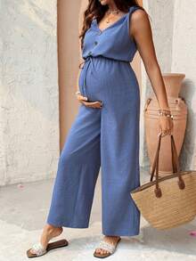 SHEIN Mono informal sin mangas de pierna ancha con diseño de botones de unicolor para maternidad - Azul Marino - Ver 1