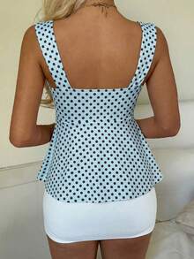 CovetEZ 2026春夏新款女装：蓝棕色波点可爱休闲百搭荷叶边抽绳衬衫/背心 - 藍色 - 查看 2