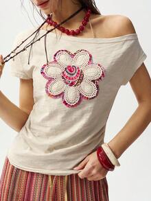 Bohemela Áo thun nữ dệt kim tay ngắn, vai lệch, kiểu dáng thường ngày. - Màu be - Xem 3