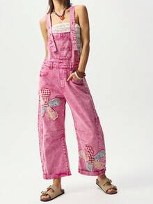 Bohemela Women's Casual Washed Floral Applique Denim Jumpsuit - Pink - View 8