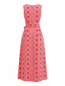 Ellevyn 红色格子花卉提花优雅度假连衣裙 - 紅色 - 查看 2